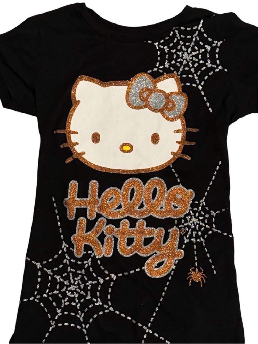 Hello Kitty Black Tee with Gold and Silver Glitter Spiderwebs